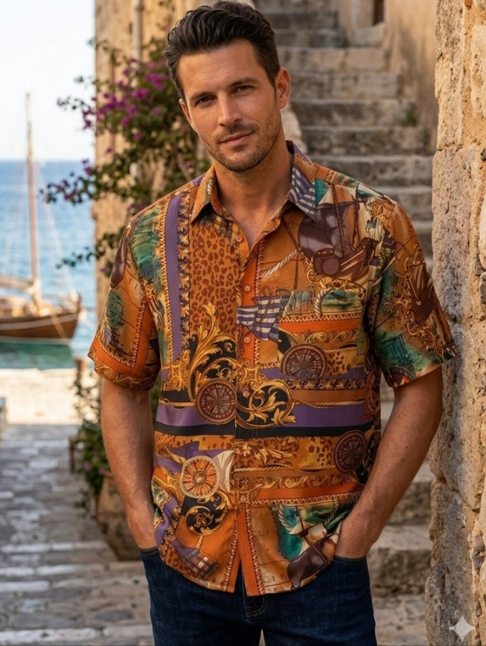 Forelli 100% Silk Shirt, Casual Buttonfront, Short Sleeve, Patchwork